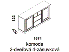 Komoda Country Inn 2-dveřová 4-zásuvková - rozměrový nákres. Vhodná do ložnice. Provedení: masivní borovice. Český výrobek. Vysoká kvalita. 